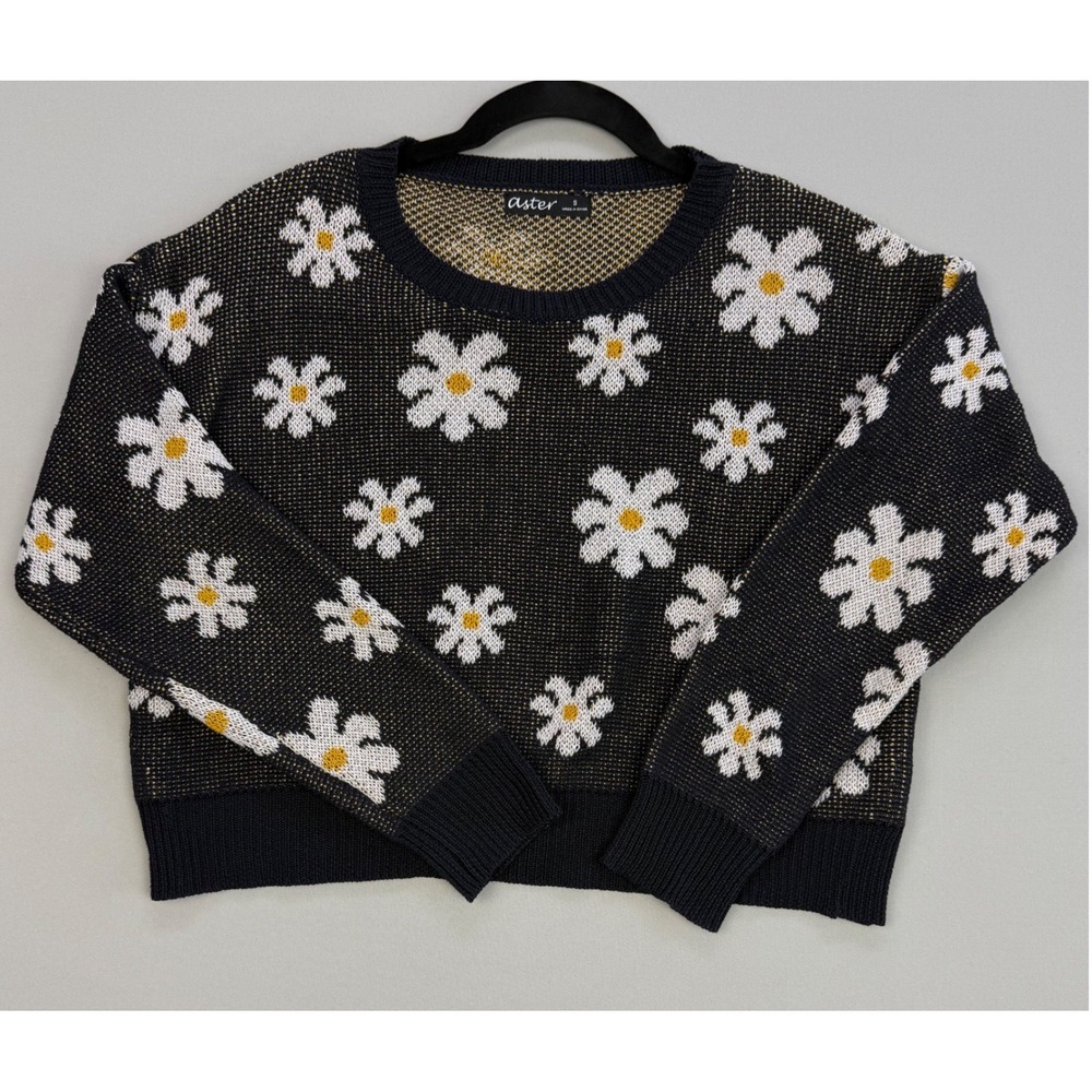 90s Y2K Daisy Cropped Sweater Retro Intarsia Knit Grandmillenial Pullover Small